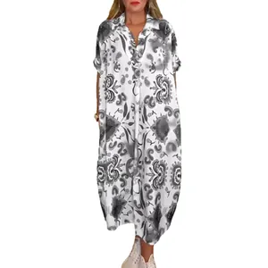 Casual white maxi dress with black floral print and lapel collar for summer style