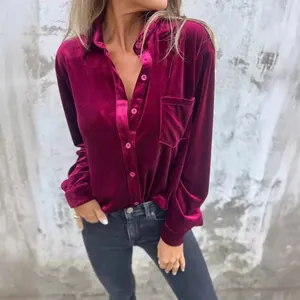 Elegant burgundy gold velvet long sleeve button-down shirt for women in a casual loose fit style
