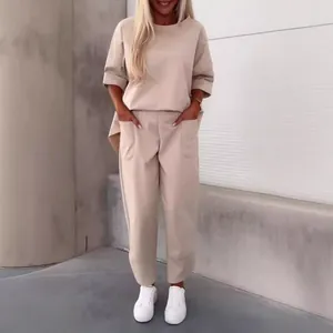 Damen Casual Polyester Elasthan Rundhals Langarm Oberteil Und Unterteil Passende Tasche Hose Einfarbig Entspannte Loungewear Outfit