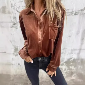 Elegant brown velvet long sleeve shirt with single-breasted buttons and chest pocket