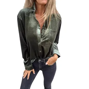 Casual dark green velvet long sleeve shirt for women with front buttons and pocket