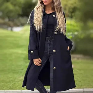 Elegant navy blue long wool coat for women with decorative large buttons