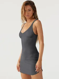 Close-up of a women's dark grey ribbed bodycon mini dress showing the slim fit texture