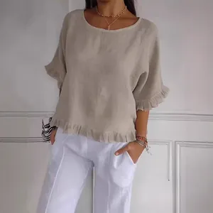 Γυναικείο Casual Βαμβακερό T-Shirt με Βολάν Καλοκαιρινό Χαλαρό Στρογγυλή Λαιμόκοψη Κοντό Μανίκι Μονόχρωμο Μόδα Ρούχα