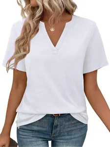 Close-up detail of a minimalist women's white V-neck short-sleeved cotton T-shirt