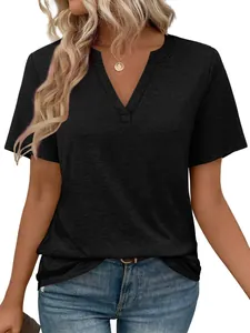 Detail shot of the V-neck and fabric texture of a black women's slim T-shirt