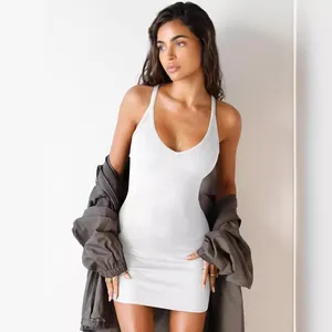Sexy white ribbed bodycon mini dress with spaghetti straps and a flattering V-neckline