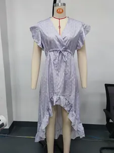 Elegant lavender floral V-neck wrap dress with ruffled high-low hem for summer vacation
