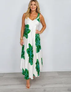 Damen Sexy V-Ausschnitt Floral Print Maxikleid Spaghettiträger Hohe Taille Sommer Ärmellose A-Linie Satin-Look Strandurlaub Langes Kleid