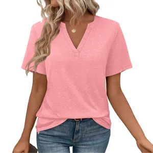 Women's casual pink V-neck short sleeve T-shirt with a slimming fit and soft breathable fabric.
