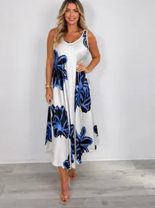 Elegantes weißes Sommer-Maxikleid mit blauem Blumendruck und V-Ausschnitt für Damen