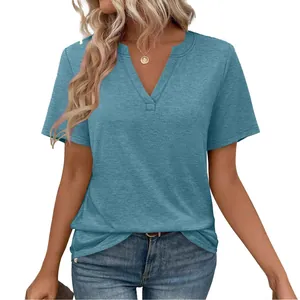 Casual women's V-neck short sleeve T-shirt in dusty blue solid color, slim fit design.