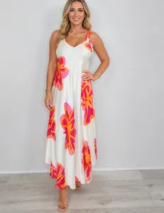 Elegantes weißes Maxikleid mit V-Ausschnitt und floralem Muster in Pink und Orange