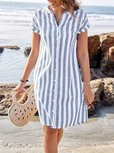Summer blue and white vertical striped shirt dress with button-up V-neck detail