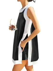 Side view of women's black and white sleeveless top and shorts set with pocket