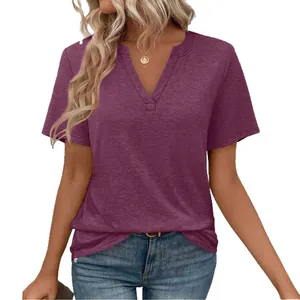 Premium women's V-neck purple short sleeve T-shirt in a slim fit solid color design