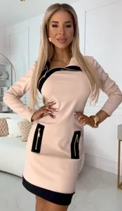 Full view of beige and black color-block long-sleeved dress with chic zipper details
