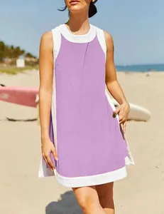 Stylish women's casual purple and white color-block sleeveless mini dress for beachwear