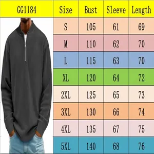 Detailed size chart for men's corduroy quarter-zip long sleeve polo shirt.