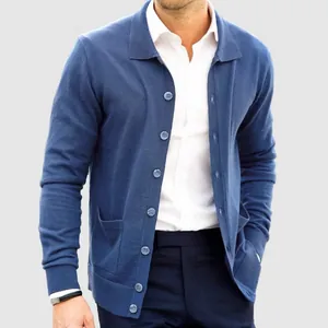 Blauer Herren-Strickjacke mit Revers, klassischem Einreiher-Design und Seitentaschen