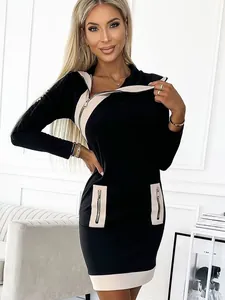 Elegant black and beige contrast long sleeve dress with zipper detail and waist-defining fit