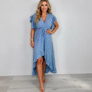 Women V-Neck Ruffle Short Sleeve Floral Print High-Low Polyester Dress Bohemian Summer Vacation Casual Party Maxi Dress