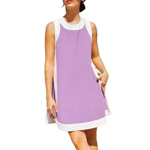 Women's casual sleeveless top and shorts set with purple and white color block design