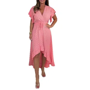 Floral V-neck dress with flutter sleeves and ruffled high-low hem for summer holidays