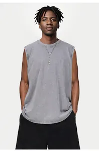 Detail view of a vintage washed grey sleeveless tank top in heavy 240G cotton fabric.
