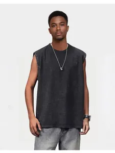 Detailed front view of men's loose vintage washed 240G cotton sleeveless tank top.