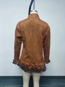 Detailed back view of a brown high neck long sleeve dress with leopard print ruffles