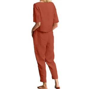 Back view of women's two-piece cotton linen summer set with oversized top and pants