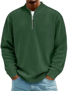 Men's dark green ribbed long sleeve polo shirt with quarter zip and stand collar
