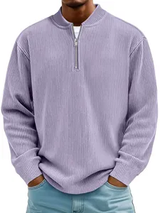 Close-up of the ribbed fabric texture and silver half-zip on a lavender men's pullover