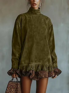 Detail of olive velvet high-neck dress with leopard print ruffle patchwork.