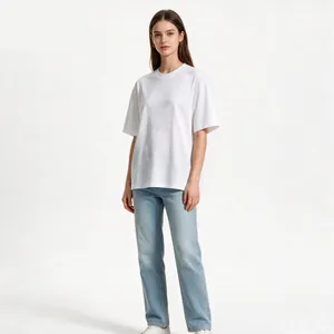 Front full-length shot of a classic white oversized crew neck T-shirt on a model.