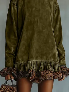 Close-up of olive green velvet long sleeve dress with leopard print ruffle hem and bag.