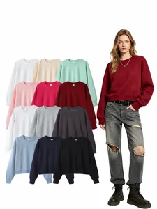 Detailed view of women's cropped cotton crewneck sweatshirts in multiple color options
