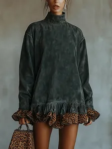 Vintage washed grey high neck long sleeve dress featuring leopard print ruffled hem detail