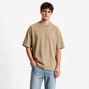Front view of male model in khaki heavyweight oversized crew neck T-shirt