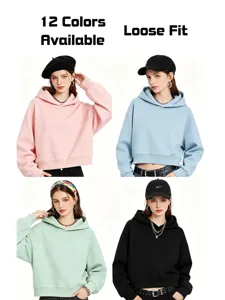 Cropped hooded sweatshirt for women in various colors showing a loose fit and high waist