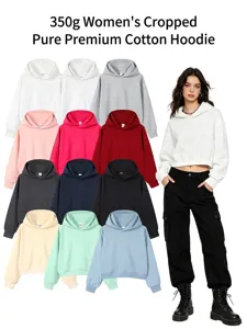 Detail view showing variety of colors and cropped fit of 350g cotton hooded sweatshirt