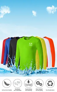 Close-up of quick-dry long-sleeved sports t-shirts in various colors with round neck