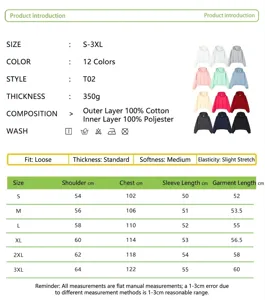 Size chart for women's 350g cotton cropped hoodie showing measurements from S to 3XL