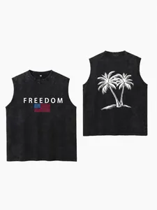 Vintage washed black sleeveless tank top with Freedom print and palm tree design
