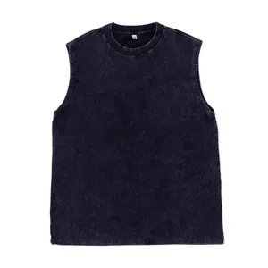 Front view of a men's washed distressed heavy cotton tank top in vintage black.