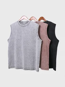 240G pure cotton washed distressed sleeveless tank top for men in multiple vintage colors