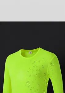 Close-up detail of a vibrant neon green long-sleeved quick-dry sports athletic t-shirt