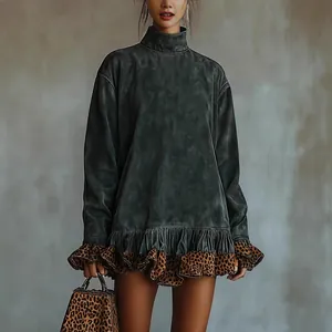 Fashionable high neck long sleeve dress with leopard print ruffle patchwork detail