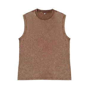 Macro detail of washed brown vintage sleeveless T-shirt in heavy cotton fabric.